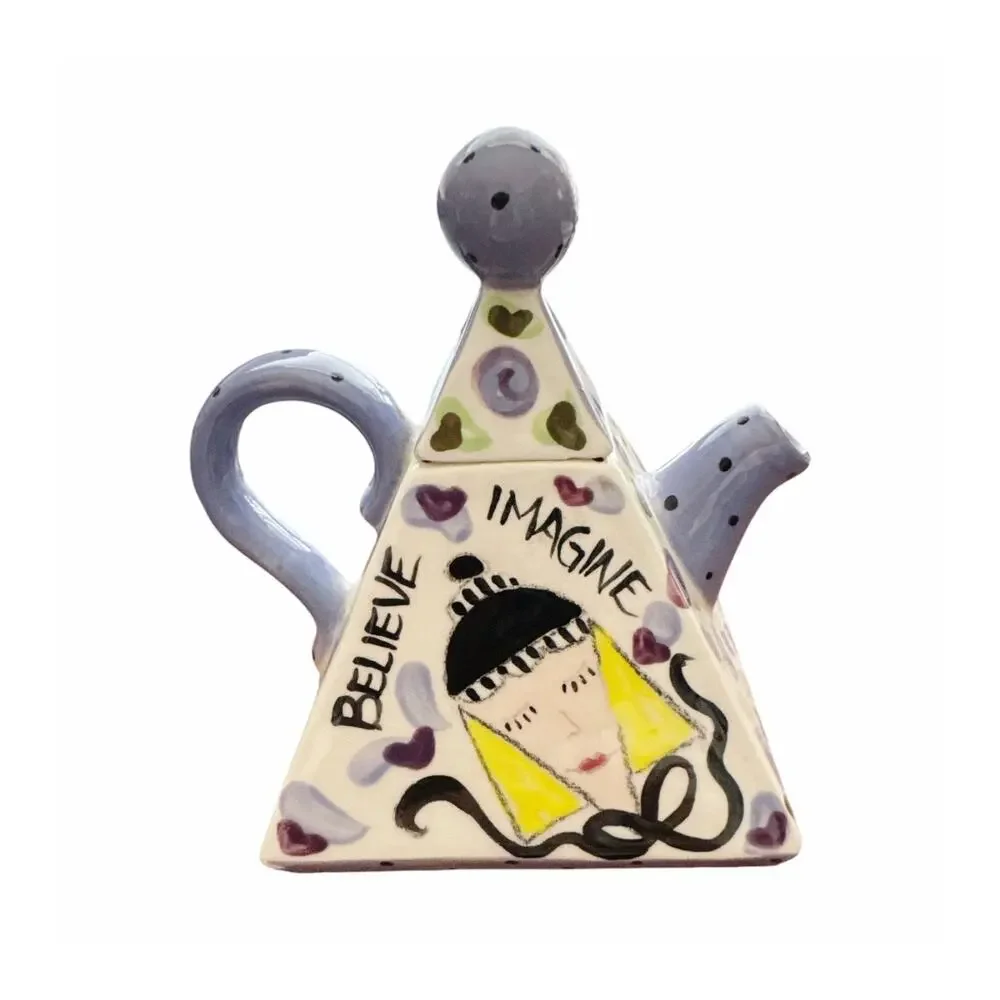 Vintage Hand Painted Ceramic Pyramid Shaped Teapot